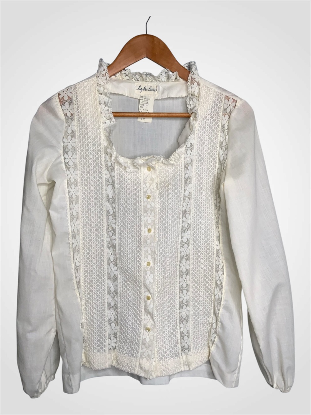 Lady Manhattan Ivory Lace-Trim Button Front Blouse Size 12
